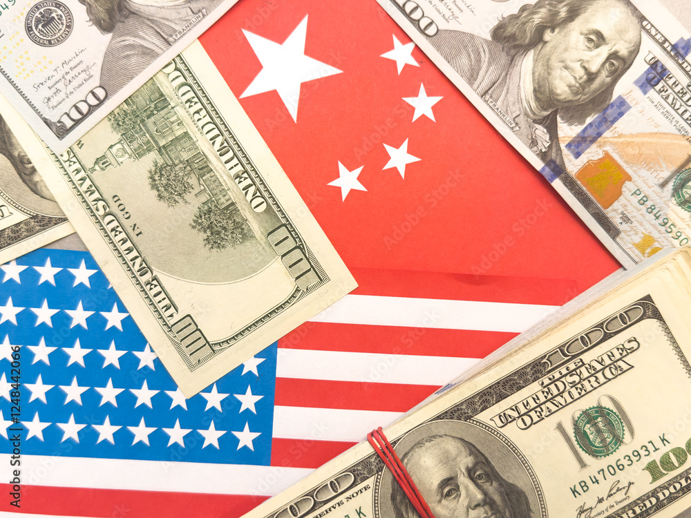 USA and China flag on coins stacking, Concept of Recession conflict tax business finance money, Symbol of economic tariffs trade war and tax barrier between United States of America and China. USA and China flag on coins stacking, Concept of Recession conflict tax business finance money, Symbol of economic tariffs trade war and tax barrier between United States of America and China.