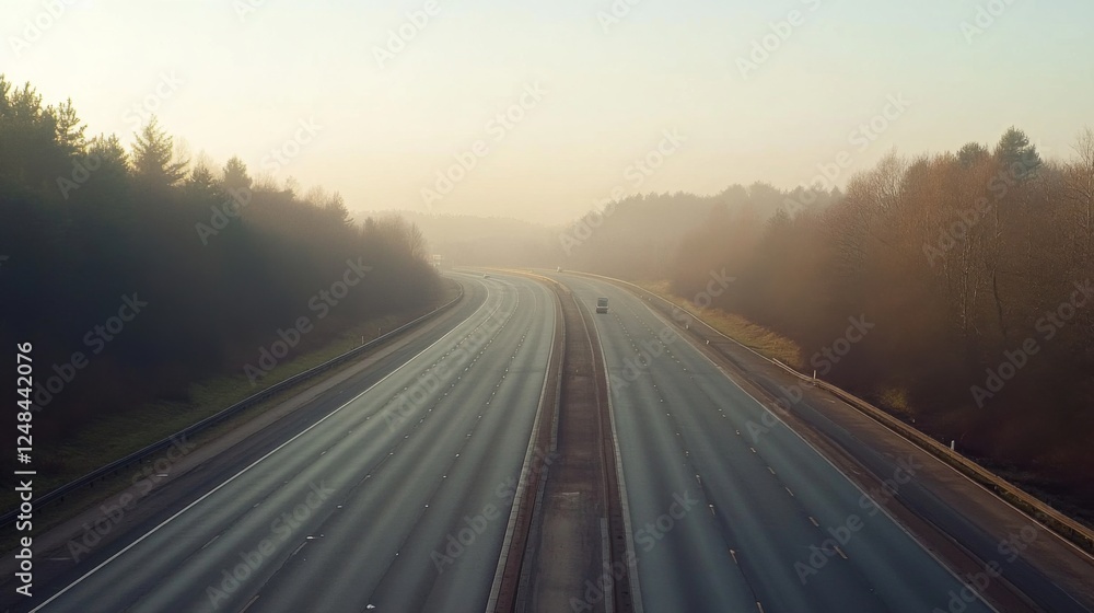 Fototapeta premium A traffic-free motorway on a misty morning, with faint visibility creating a serene and calm atmosphere.