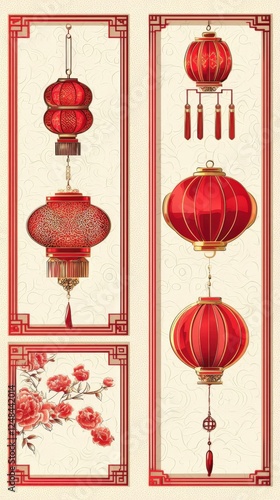 Elegant Red Chinese Lanterns and Peach Blossoms Design