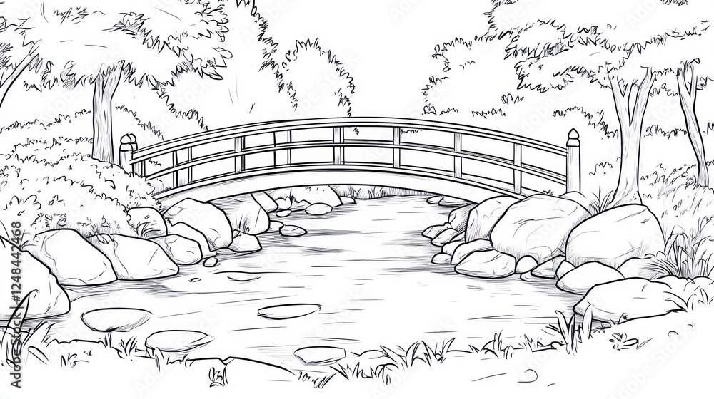 custom made wallpaper toronto digitalSerene arched bridge over stream, lush garden background; coloring book page