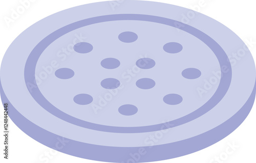 Purple isometric manhole cover exhibiting small circular holes arranged in a specific pattern