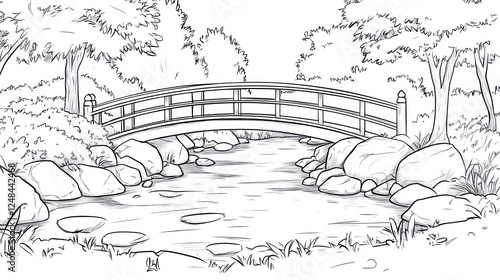 Wallpaper Mural Serene arched bridge over stream, lush garden background; coloring book page Torontodigital.ca