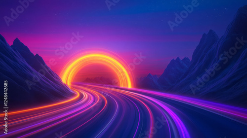 A luminous orb at the center of a curved road, radiating orange, red, and purple streaks of light,