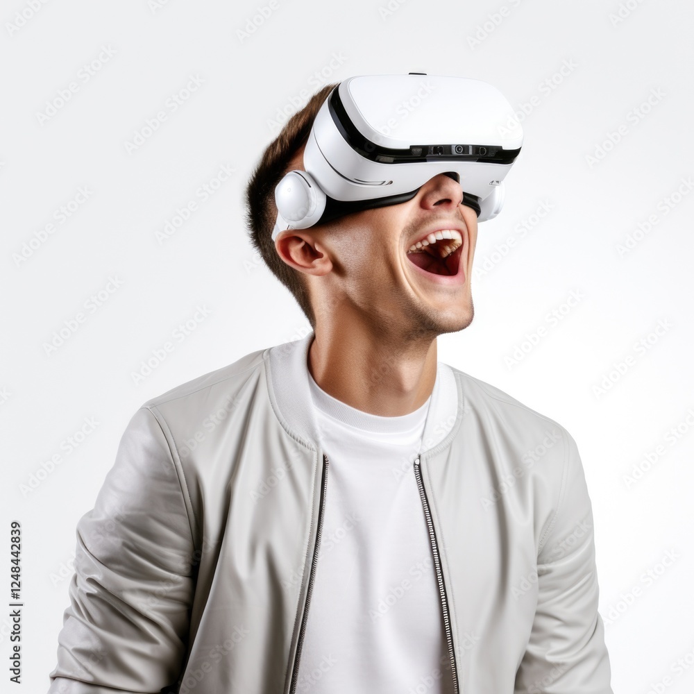 Young people wear visual goggle watching multi media in white background Young people wear visual goggle watching multi media in white background