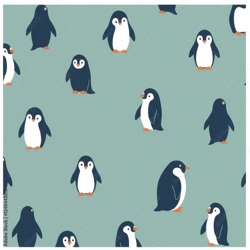 Obraz premium Cute Penguin Pattern Illustration for Kids - Adorable Penguin Design on Teal Background