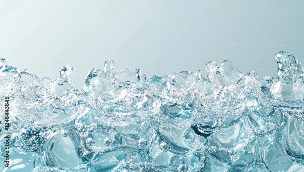Close-up of crystal-clear water with bubbles, creating a wave-like texture against a light blue background. Close-up of crystal-clear water with bubbles, creating a wave-like texture against a light blue background.