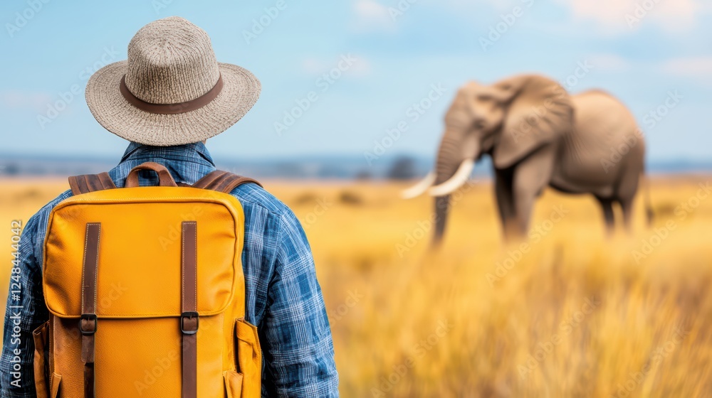 Adventurer Observes Majestic Elephant in Natural Grassland Setting Adventurer Observes Majestic Elephant in Natural Grassland Setting