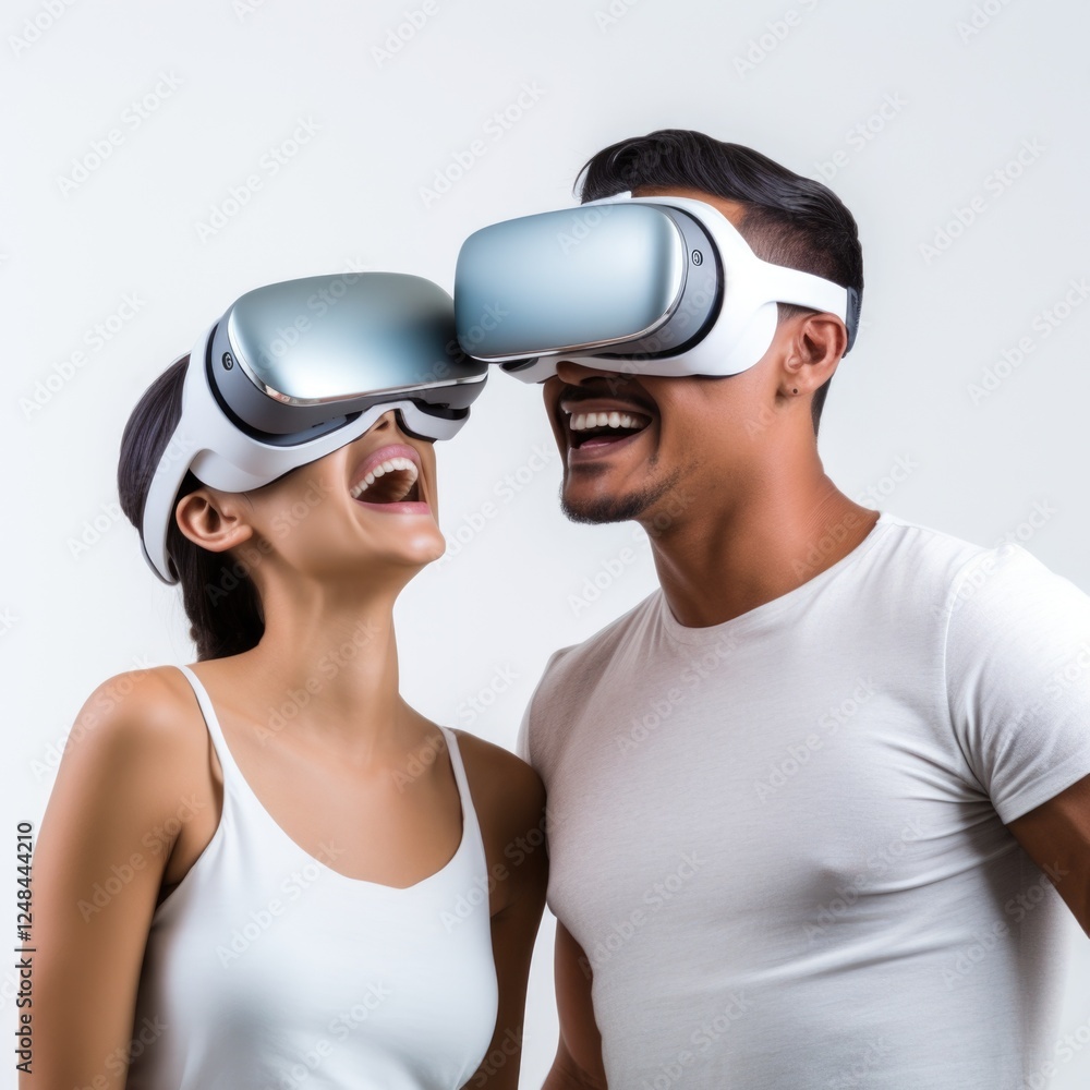 Naklejka premium Young people wear visual goggle watching multi media in white background
