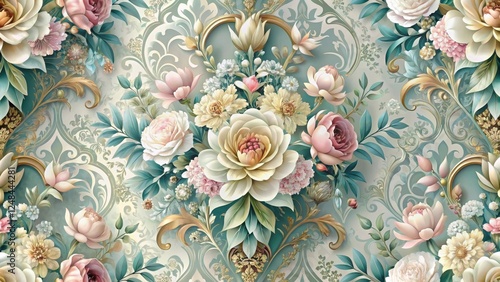 Elegant Floral Damask Design Featuring a Luxurious Bouquet of Roses and Other Blooms on a Soft Green Background