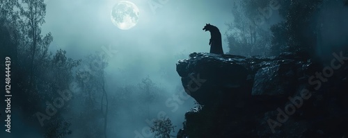 Wolf howling on cliff under the full moon's glow photo