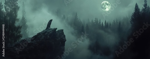 Wolf howling on cliff under the full moon's glow photo