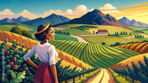 A woman standing on a hilltop trail in a vineyard in Stellenbosch, South Africa, Africa with rows of grapevines and rolling hills in the distance