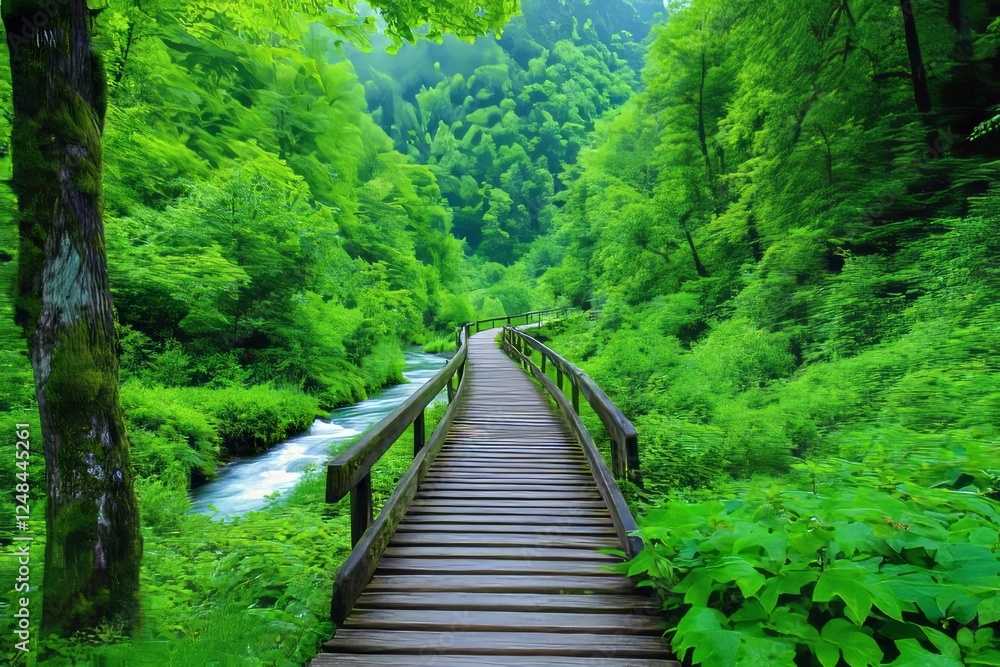 A wooden bridge stretching over a bubbling stream deep within a lush green forest. Generative AI A wooden bridge stretching over a bubbling stream deep within a lush green forest. Generative AI