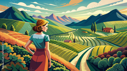A woman standing on a hilltop trail in a vineyard in Stellenbosch, South Africa, Africa with rows of grapevines and rolling hills in the distance