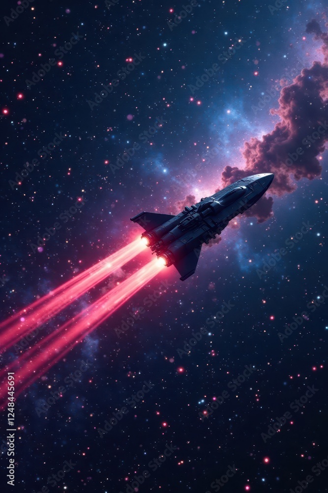 Spaceship streaks through brilliant, crowded starfield , movement, nebula, spaceship Spaceship streaks through brilliant, crowded starfield , movement, nebula, spaceship