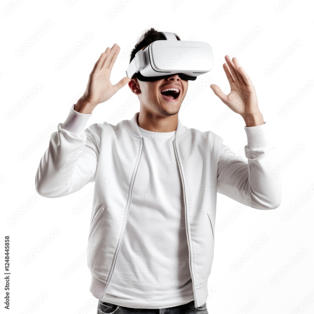 Young people wear visual goggle watching multi media in white background Young people wear visual goggle watching multi media in white background