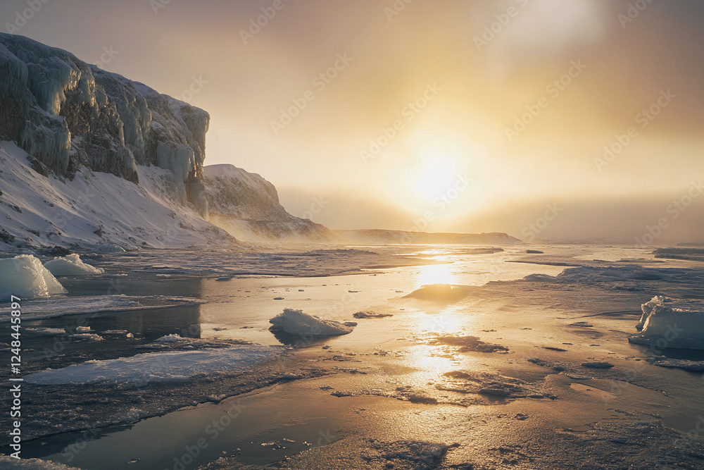 Obraz premium Vibrant sunset over icy shoreline reflecting golden hues in peaceful winter landscape