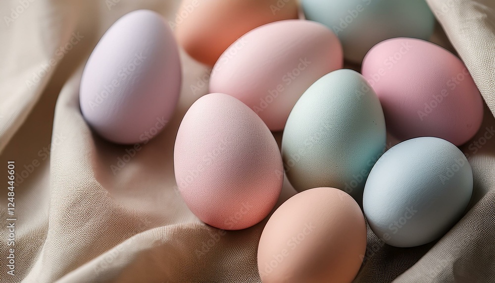 A macro shot of pastel-colored Easter eggs with a soft matte texture, arranged on a light, textured surface. The gentle hues of pink, blue, and yellow contrast with the smooth, subtle background A macro shot of pastel-colored Easter eggs with a soft matte texture, arranged on a light, textured surface. The gentle hues of pink, blue, and yellow contrast with the smooth, subtle background