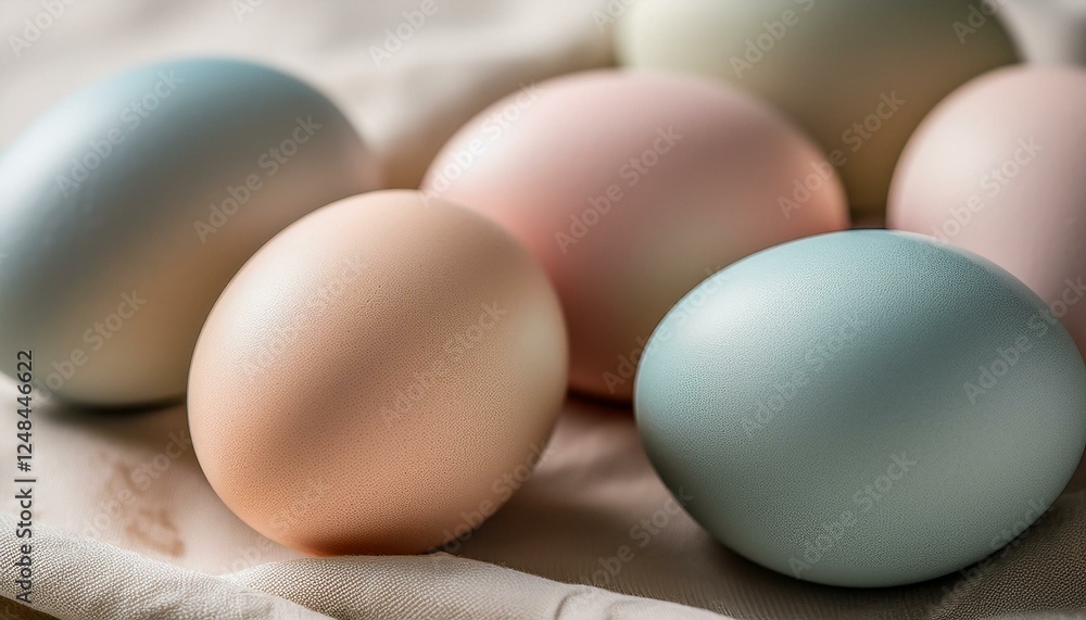 A macro shot of pastel-colored Easter eggs with a soft matte texture, arranged on a light, textured surface. The gentle hues of pink, blue, and yellow contrast with the smooth, subtle background A macro shot of pastel-colored Easter eggs with a soft matte texture, arranged on a light, textured surface. The gentle hues of pink, blue, and yellow contrast with the smooth, subtle background