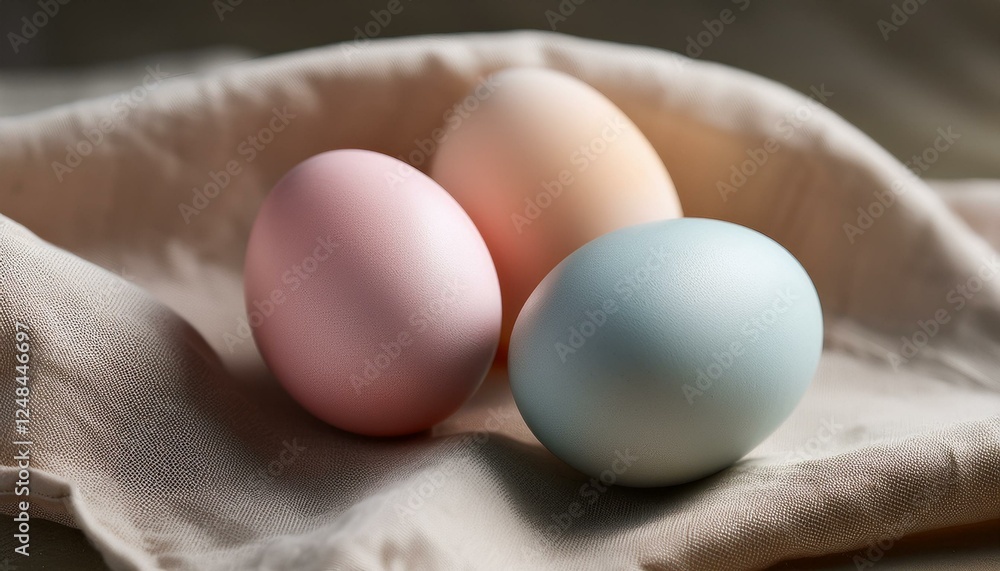 A macro shot of pastel-colored Easter eggs with a soft matte texture, arranged on a light, textured surface. The gentle hues of pink, blue, and yellow contrast with the smooth, subtle background A macro shot of pastel-colored Easter eggs with a soft matte texture, arranged on a light, textured surface. The gentle hues of pink, blue, and yellow contrast with the smooth, subtle background