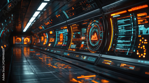 Wallpaper Mural Futuristic corridor with glowing screens and data displays, showcasing technology Torontodigital.ca