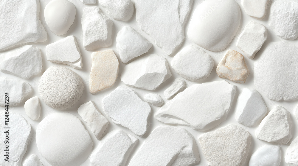 Textured collection of white stones in varying shapes and sizes arranged on a flat surface indoors Textured collection of white stones in varying shapes and sizes arranged on a flat surface indoors