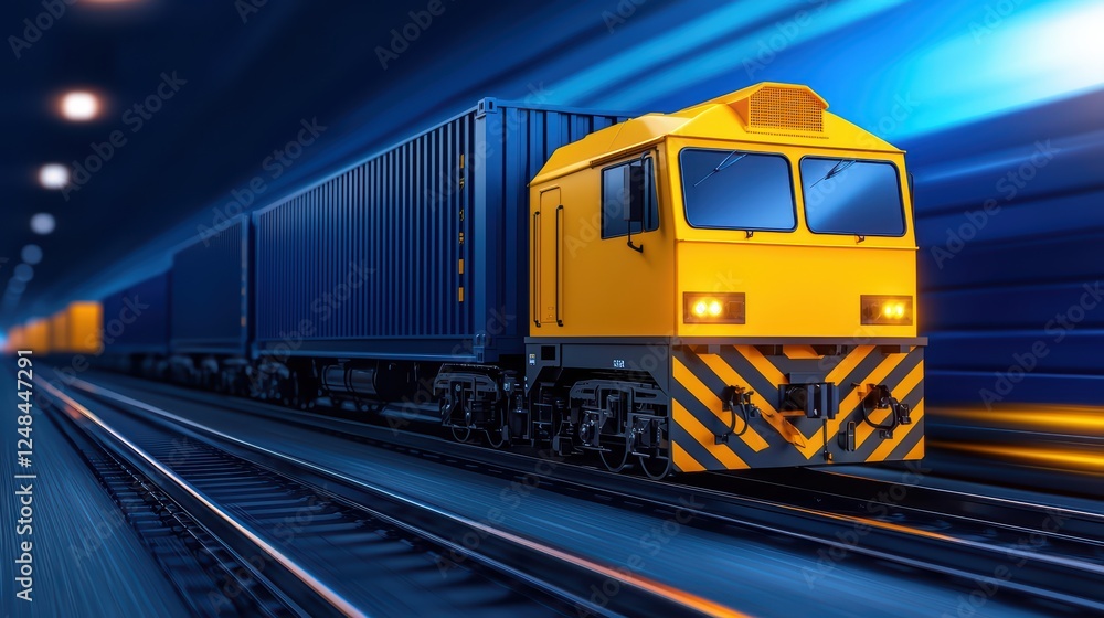 Fototapeta premium Bright Yellow Train Moving Through Dark Tunnel with Cargo Containers