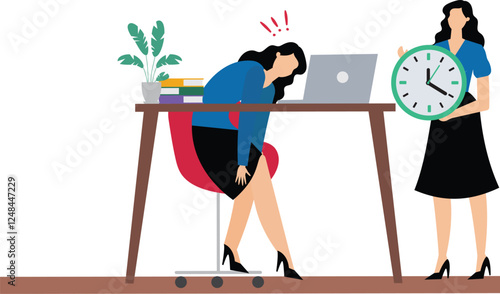Procrastination, laziness, inefficient work, overloaded work pressures, managers standing with clocks in both hands next to businesswomen sleeping on their desks