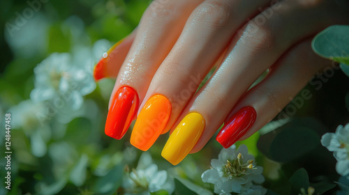 Vibrant close up of colorful nails with red, orange, and yellow shades among flowers