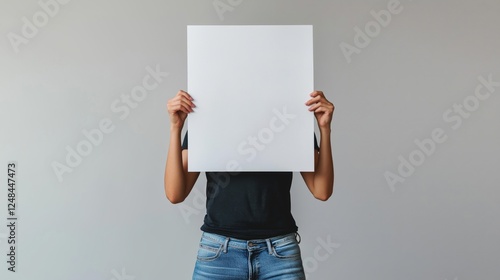 person holding a blank white poster in front of their face. The person is wearing blue jeans and a black t-shirt.