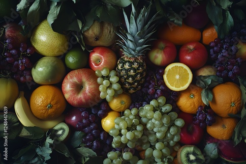 Colorful fruit still life, overhead shot, dark background, healthy food advertising photo