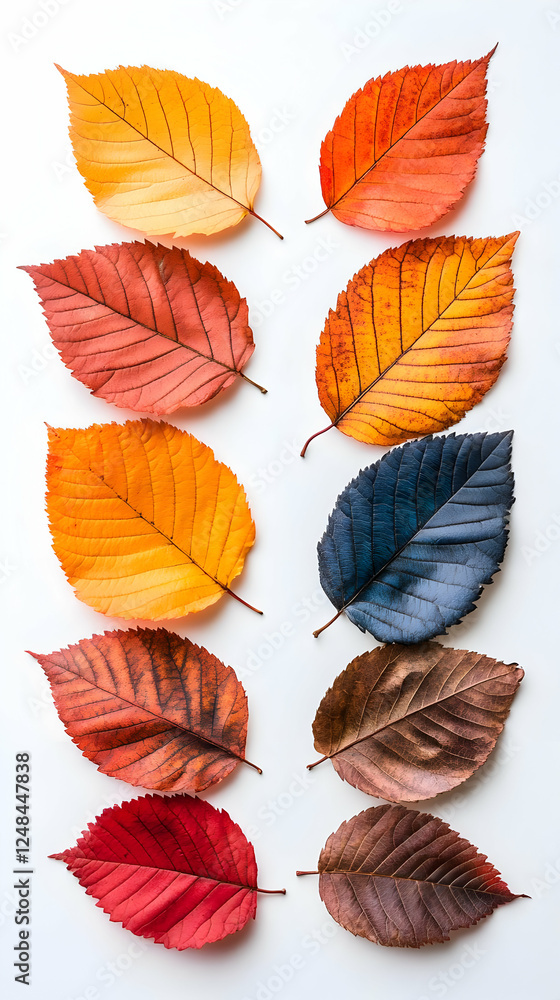 Autumn leaves color gradient, white background, fall design Autumn leaves color gradient, white background, fall design