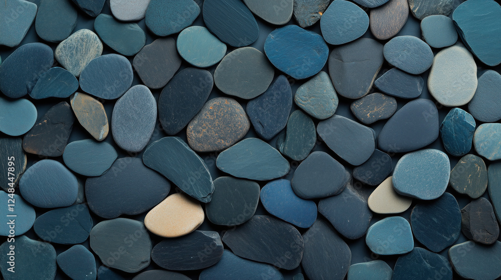 Varied collection of smooth blue and gray stones arranged harmoniously on a flat surface Varied collection of smooth blue and gray stones arranged harmoniously on a flat surface