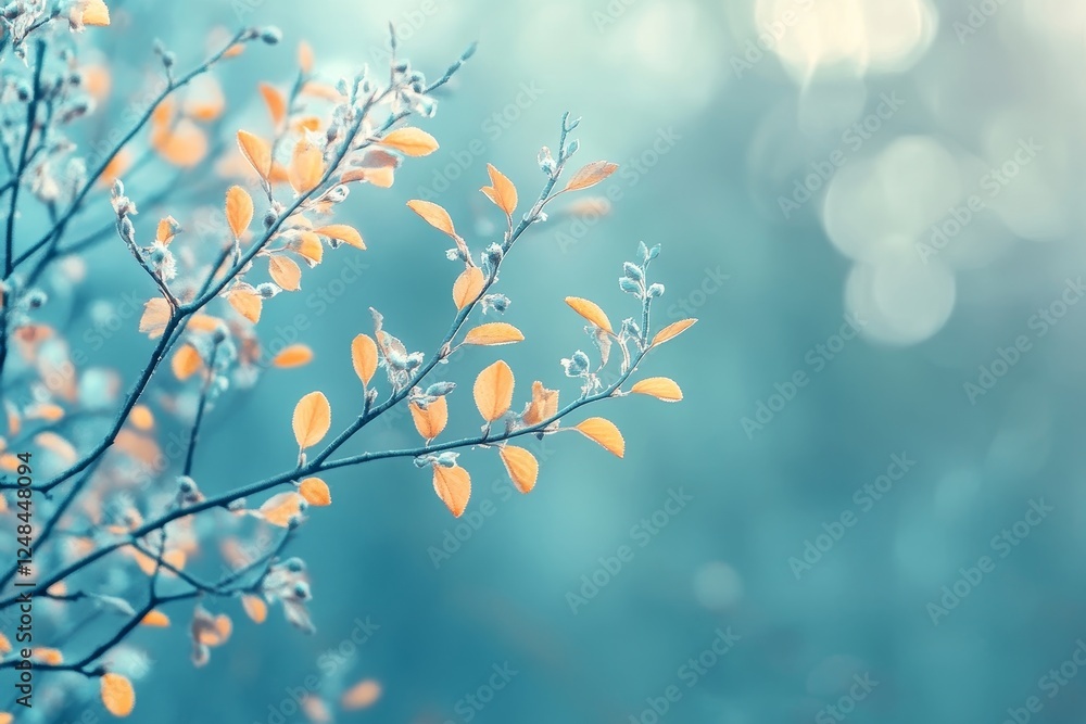 Autumnal Branches, Pastel Teal Background, Soft Light, Nature Scene Autumnal Branches, Pastel Teal Background, Soft Light, Nature Scene