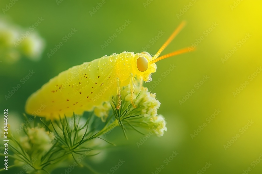 Macro shot of a tiny yellow bug on a green leaf Macro shot of a tiny yellow bug on a green leaf