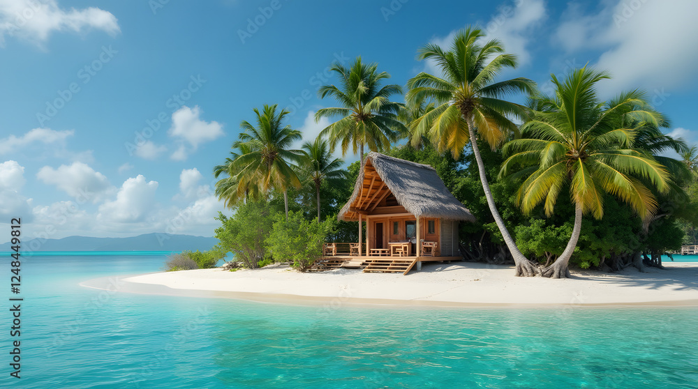 Obraz premium A wooden bungalow house located on the beach of a small island, surrounded by white sand and tropical green plants.