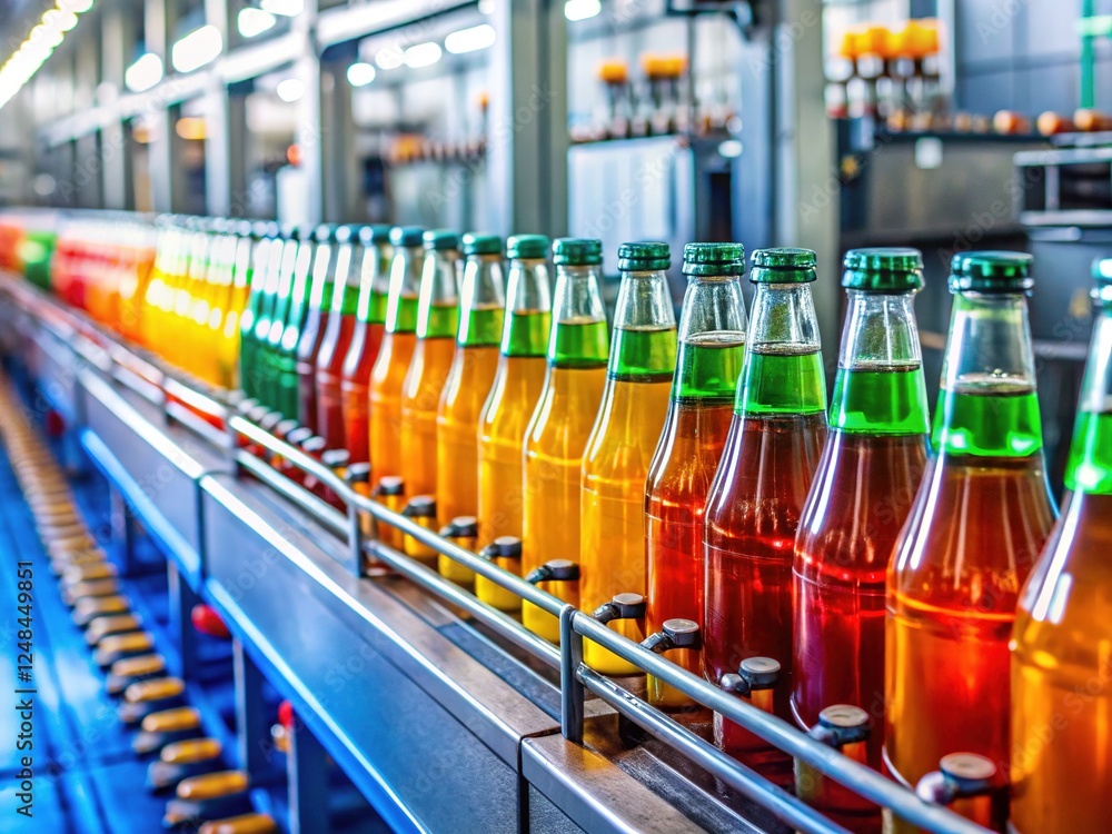 Bottles of Beverage Moving on a Production Line in a Factory Bottles of Beverage Moving on a Production Line in a Factory