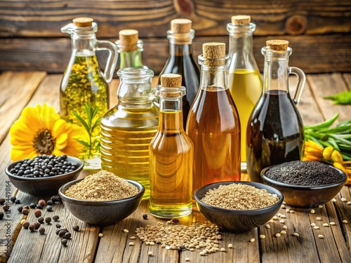 Bottles with Sunflower, Black Cumin, Hemp, and Sesame Oil and Seeds on Wooden Background photo