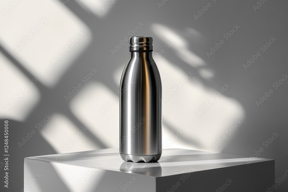 Minimalistic stainless steel water bottle on a white surface with shadows Minimalistic stainless steel water bottle on a white surface with shadows