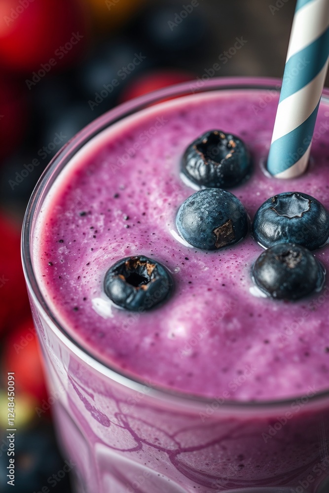 Fresh blueberry smoothie with whole berries and striped straw in a glass Fresh blueberry smoothie with whole berries and striped straw in a glass