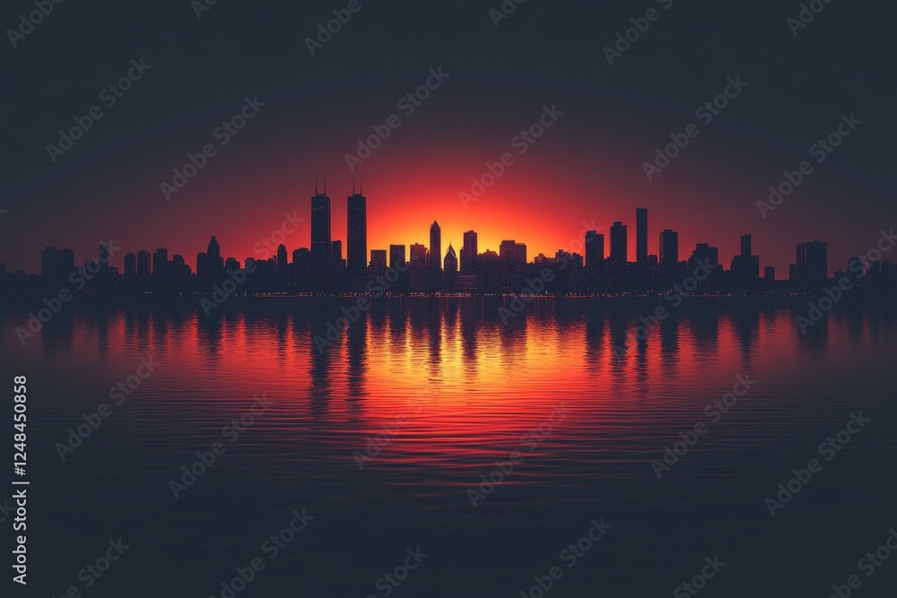 City skyline silhouette reflected on water during a vivid sunset City skyline silhouette reflected on water during a vivid sunset