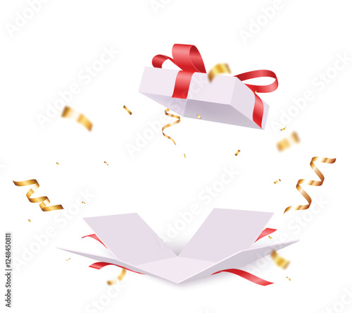 Open Gift Box With Falling Confetti. Present box for birthday, Christmas and New Years 