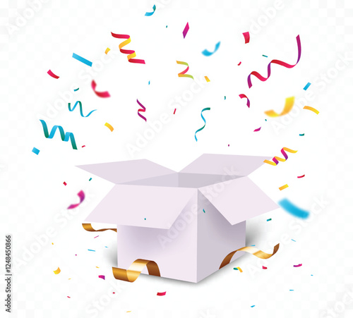 Open Gift Box With Falling Confetti. Present box for birthday, Christmas and New Years 