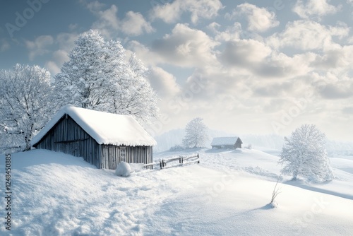 Snowy winter landscape with rustic wooden houses photo