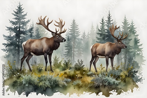 Caribou grazing on lichen in a forest in watercolor style photo