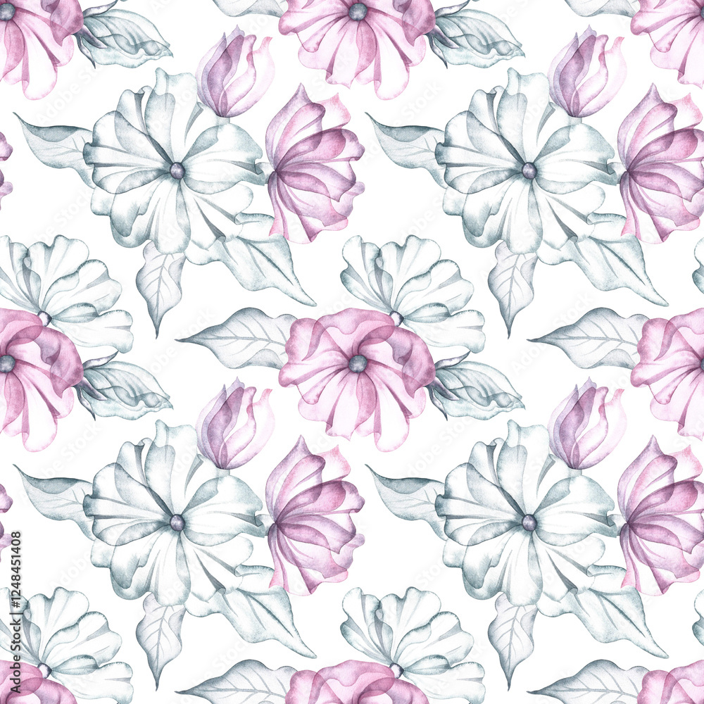 Fototapeta premium Seamless pattern with delicate pink and white flowers and leaves. Handmade watercolor illustration. Great for textiles, wallpaper, wrapping paper, wedding, holiday backgrounds.