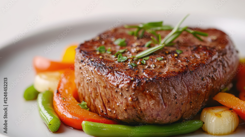 Juicy Grilled Steak on a Plate with Colorful Vegetables Garnished with Fresh Herbs Juicy Grilled Steak on a Plate with Colorful Vegetables Garnished with Fresh Herbs