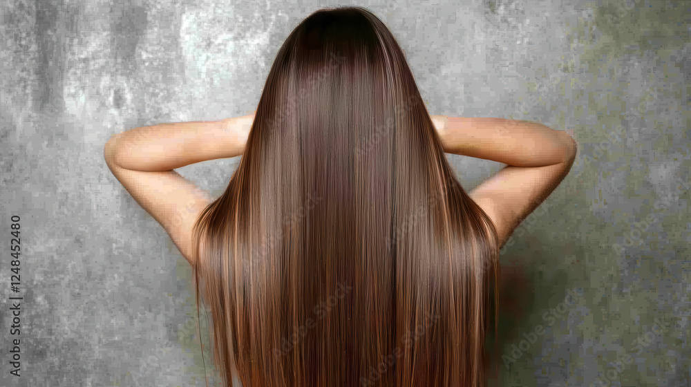 Fototapeta premium Long, shiny hair flowing down woman back against textured background