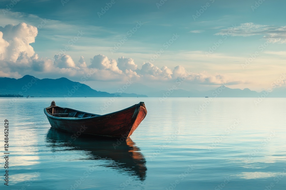 Peaceful wooden boat on tranquil lake at sunrise with mountains in the background. Suitable for nature, peace, tranquility, and travel advertisements Peaceful wooden boat on tranquil lake at sunrise with mountains in the background. Suitable for nature, peace, tranquility, and travel advertisements
