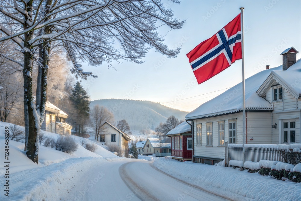 Naklejka premium A picturesque Norwegian street covered in fresh snow, with a Norway flag waving proudly. A peaceful winter scene capturing national pride and Nordic charm.